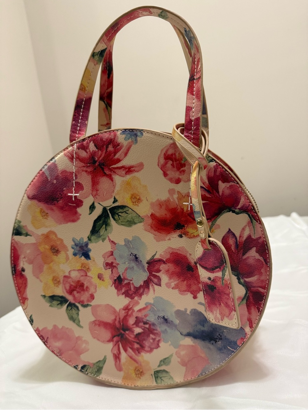 Floral Round Top-Handle Tote in Pink Multi